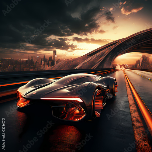 A futuristic car speeding on a sci-fi highway.
