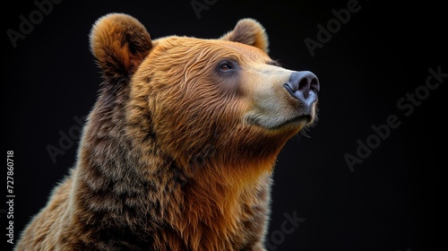 Close-up of a brown bear with a thoughtful expression against a black backdrop.