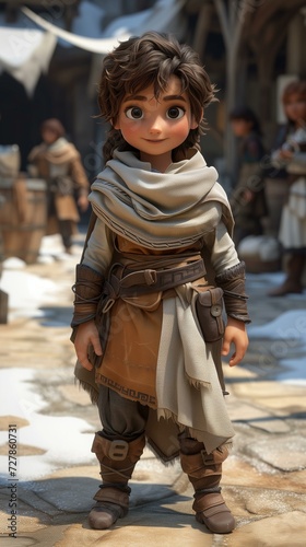 Boy in medieval attire in village setting.