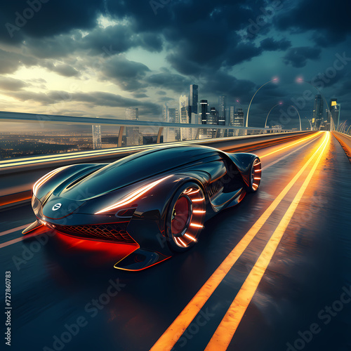 A futuristic car speeding on a sci-fi highway.