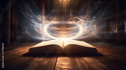 Old magic book on wooden table with light rays coming out form the inside. Generative AI.