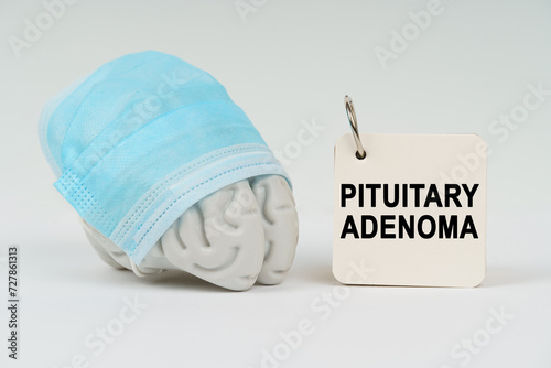 On a white surface next to the brain there is a notepad with the inscription - Pituitary adenoma