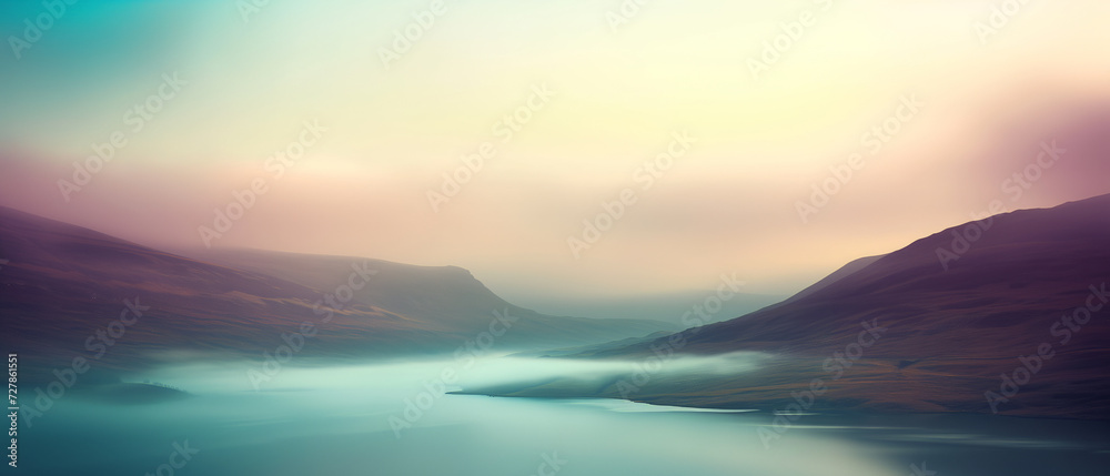 Misty Dawn Over Serene Lake and Rolling Hills: A Tranquil Landscape in Ethereal Pastel Tones