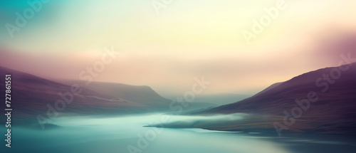 Misty Dawn Over Serene Lake and Rolling Hills: A Tranquil Landscape in Ethereal Pastel Tones