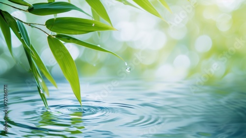 Green bamboo leaves over water with empty space background. AI generated image