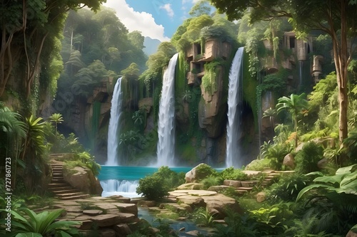 Cascading waterfall surrounded by lush greenery in a hidden paradise