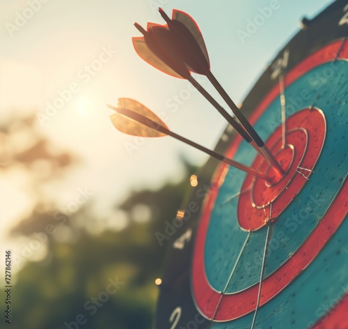 Close up shot red darts arrows in the target of dartboard center on dark blue sky background. Business target or goal success and winner concept.