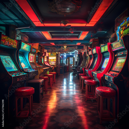 A retro arcade with classic video game machines. 