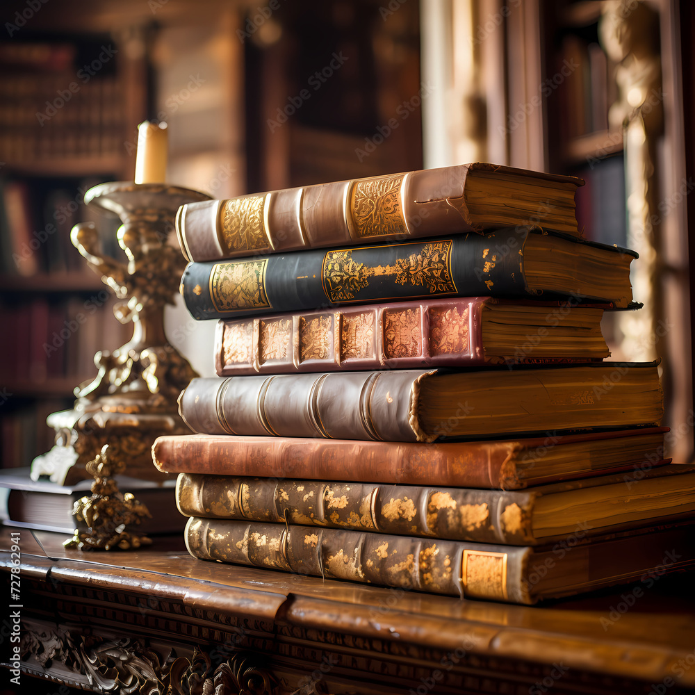 A stack of antique books in a dusty library. 