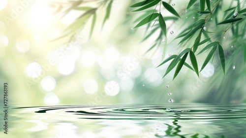 Green bamboo leaves over water with empty space background. AI generated image