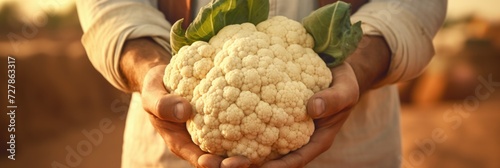 close-up of a farmer holding cauliflower in his hands