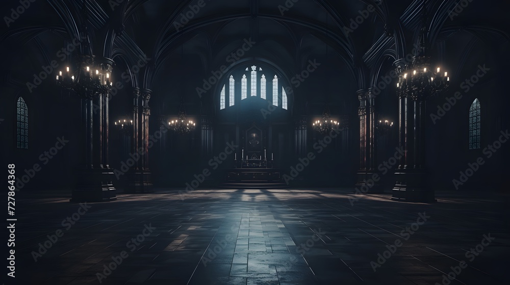a dimly lit church with chandeliers and windows a dimly lit church with chandeliers and windows