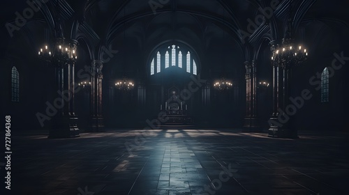 a dimly lit church with chandeliers and windows