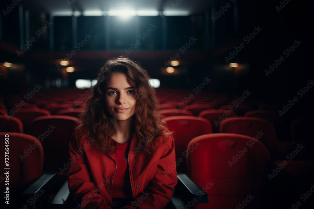 Closeup spectator woman sitting in empty red dark cinema theatre hall watching movie theater. Concept of spending evening, free time, premier. Banner with copy space. Generative AI