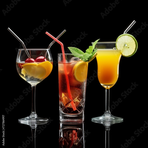 Colourful summer cocktails with fruit and straws, isolated on black background.