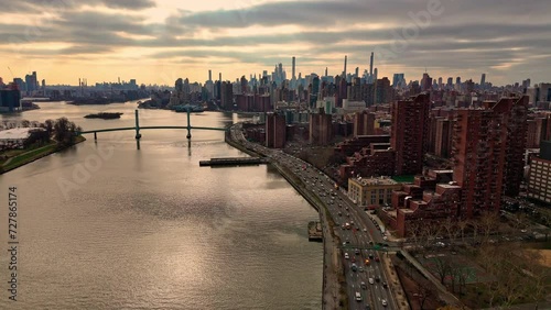 Aerial view of the Harlem River in Manhattan, New York City at sunset