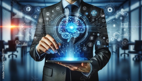 a person in a business suit holding a tablet that emanates a hologram of a digital brain