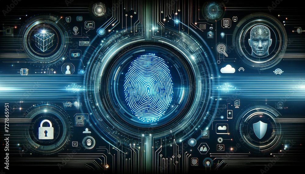 Fototapeta premium futuristic fingerprint scanning system with glowing blue light emission trail