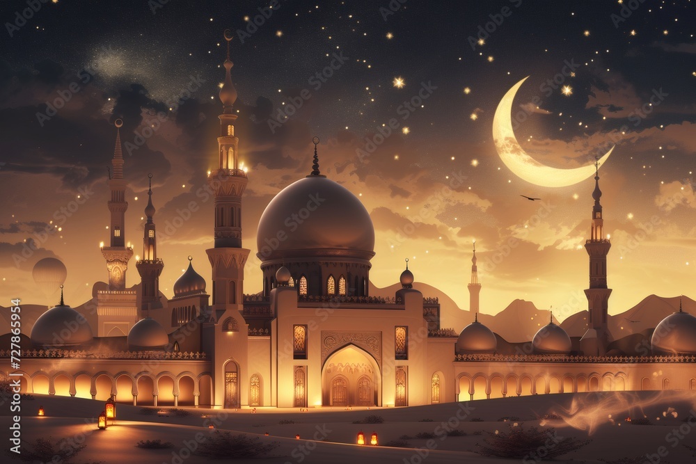 view of a mosque, Ramadan, gold and luxury, islamic, in black background