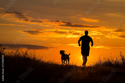 Running man with his dog sunset silhouettes