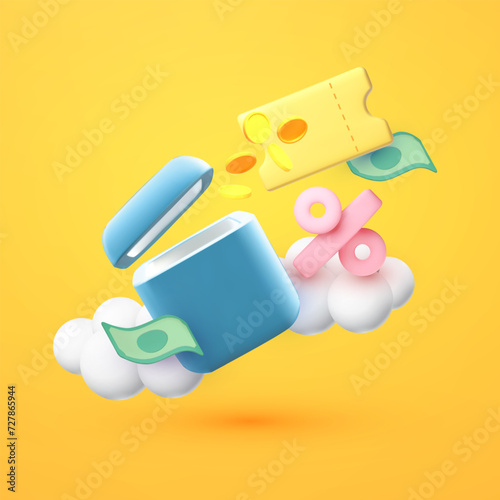 Voucher, card and money fluing out of gift box. Cash back template. Special offer design. Super sale illustration.