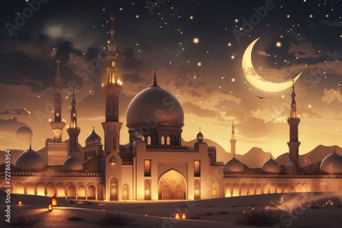 view of a mosque, Ramadan, gold and luxury, islamic, in black background