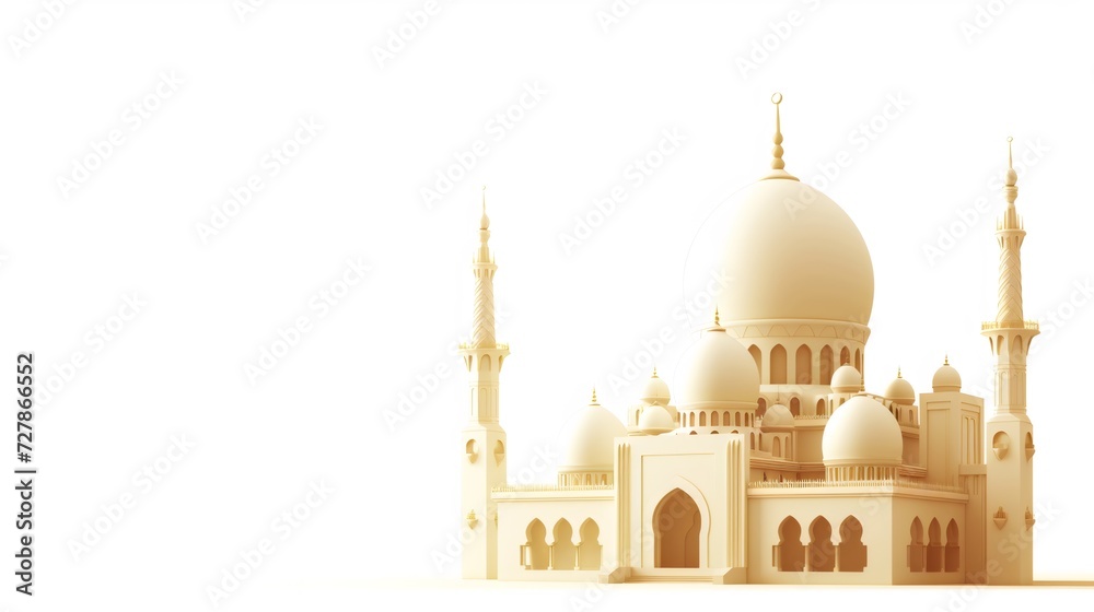 islamic mosque with brown dome on a white background, in the style of minimalist backgrounds, light beige and white, bright sculptures, minimalist sets, photo, polychrome terracotta