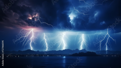 Roaring thunderstorm, shocking lightning shines in the dark sky