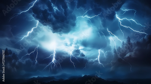 Roaring thunderstorm, shocking lightning shines in the dark sky