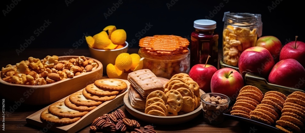 Set of snack dishes. Fresh fruit and nutritious bread as well as fresh drinks are ready to be served in an aesthetic setting