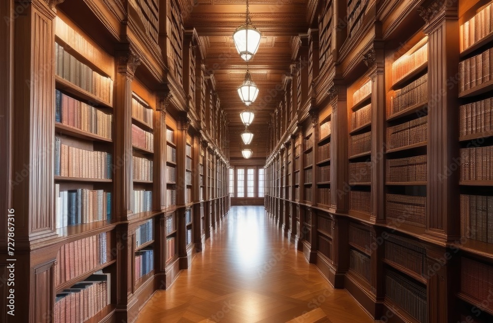 A long corridor with books. An old library with paper books on the shelves. There is a window at the end of the corridor.