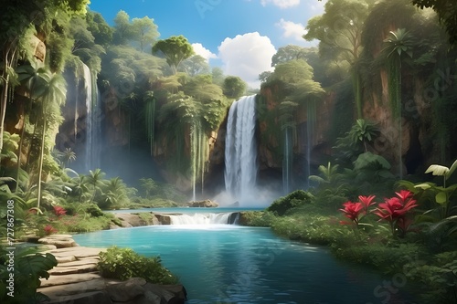 waterfall in the forest. Cascading waterfall surrounded by lush greenery in a hidden paradise