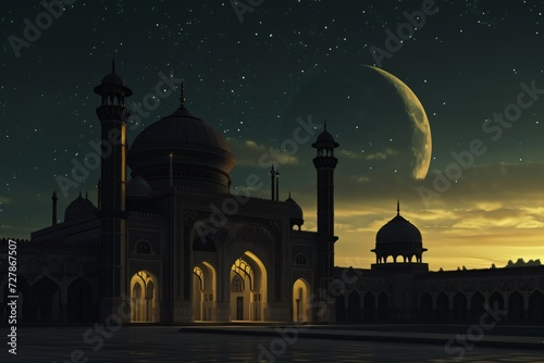 Ramadan's celebration background with Mosque and crescent moon at night