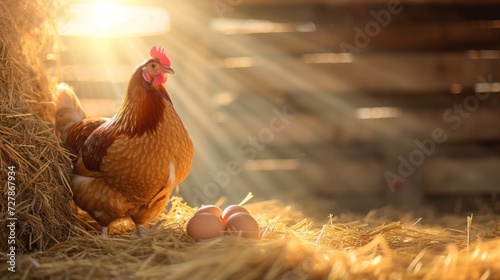 Healthy brown hen chicken near freshly laid eggs in hay in a rustic barn under warm sunlight with copy space