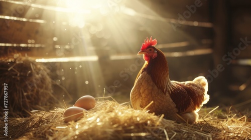 Healthy brown hen chicken near freshly laid eggs in hay in a rustic barn under warm sunlight with copy space photo