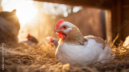 Healthy white hen chicken near freshly laid eggs in hay in a rustic barn under warm sunlight. © Tatiana