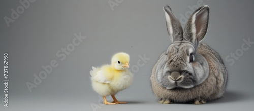 Wallpaper Mural A grey rabbit with small yellow chick against a grey background, concept of animal friendship, banner with copyspace for text Torontodigital.ca