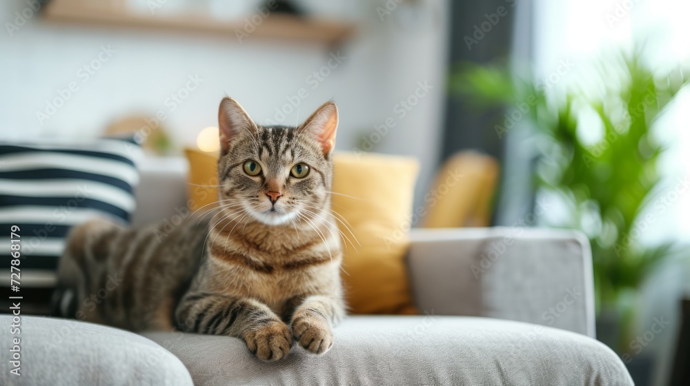 Cute kitty lies on a comfortable sofa in a modern bright living room with copyspace 