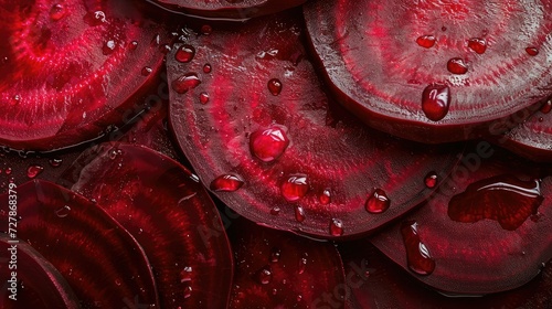 Fresh beetroot slices close up with water drops.