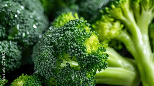 Fresh broccoli florets with water drops.