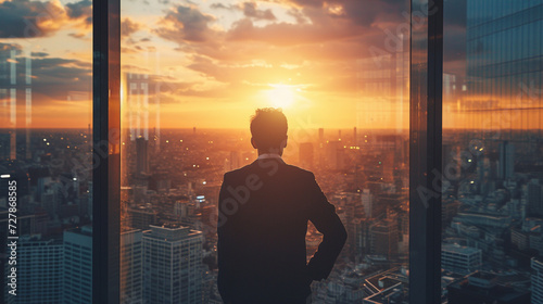 A businessman stands and looks at the sunset city view through the window in the office, depth of field, Three-Quarter Shot