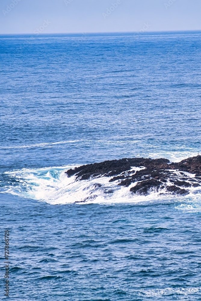 Fototapeta premium Mendocino, United States - February 16 2020: waves of the pacific ocean make water crashing on the rocks of the coastline of Mendocino
