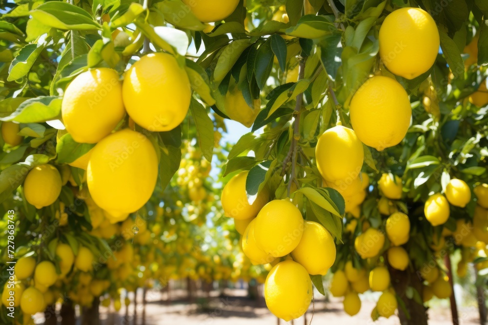 Alley of lemon trees with ripe lemons, citrus fruit harvest