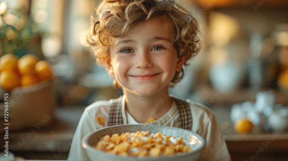 Portrait of smiling caucasian boy in front of bowl full of cornflakes with milk and citrus fruits in background. Portrait of smiling caucasian boy in front of bowl full of cornflakes with milk and citrus fruits in background.