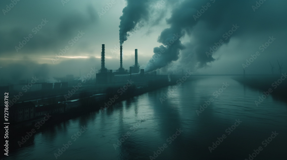 Fototapeta premium Aerial view of high smoke stack with smoke emission. Plant pipes pollute atmosphere. Industrial factory pollution, smokestack exhaust gases. Industry zone, thick smoke plumes. Climate change, ecology