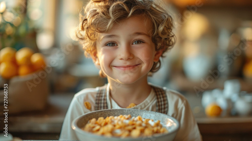 Portrait of smiling caucasian boy in front of bowl full of cornflakes with milk and citrus fruits in background.