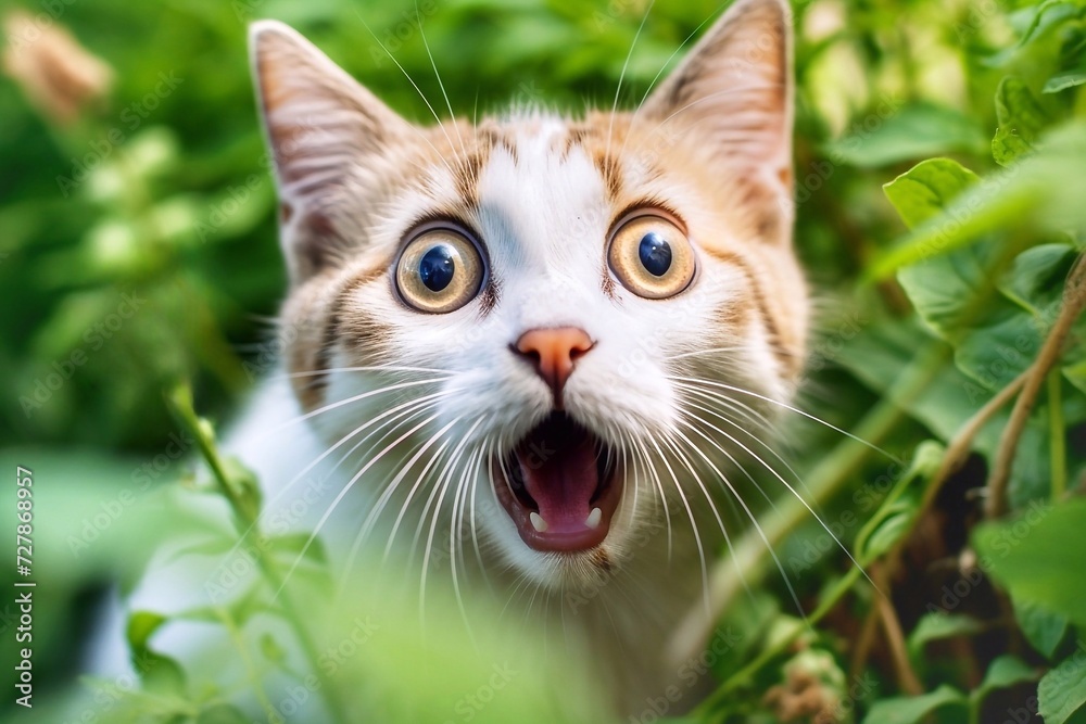 Cute cat with big eyes and open mouth looking surprised at camera in green grass.