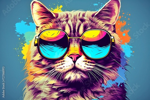 Cat with sunglasses and colorful splashes on blue background. 