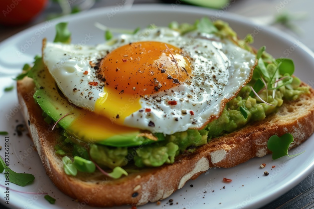 A close-up of a gourmet avocado toast topped with a perfectly fried egg Healthy Breakfast. Egg and Avocado Toast A close-up of a gourmet avocado toast topped with a perfectly fried egg Healthy Breakfast. Egg and Avocado Toast