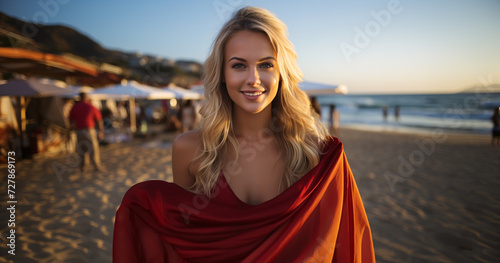  Blonde girl holding red beach towel in her hands.